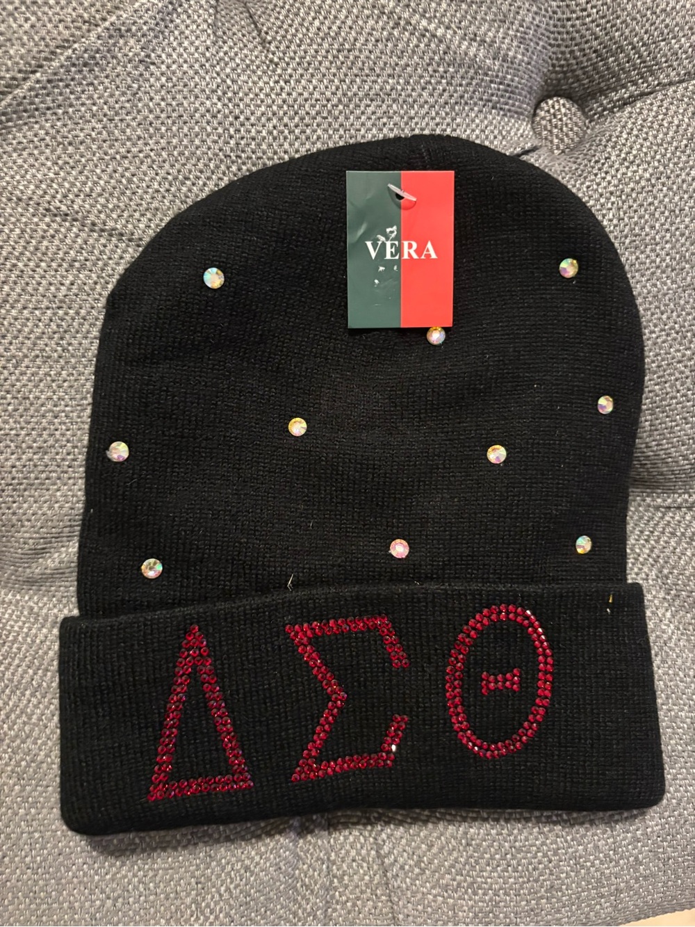 Black Delta Sigma Theta Knit Beanie with Red Rhinestone Greek Letters
